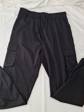 Men's Black Cargo Jogger Pants XL Elastic Waist Drawstring Polyester Pockets